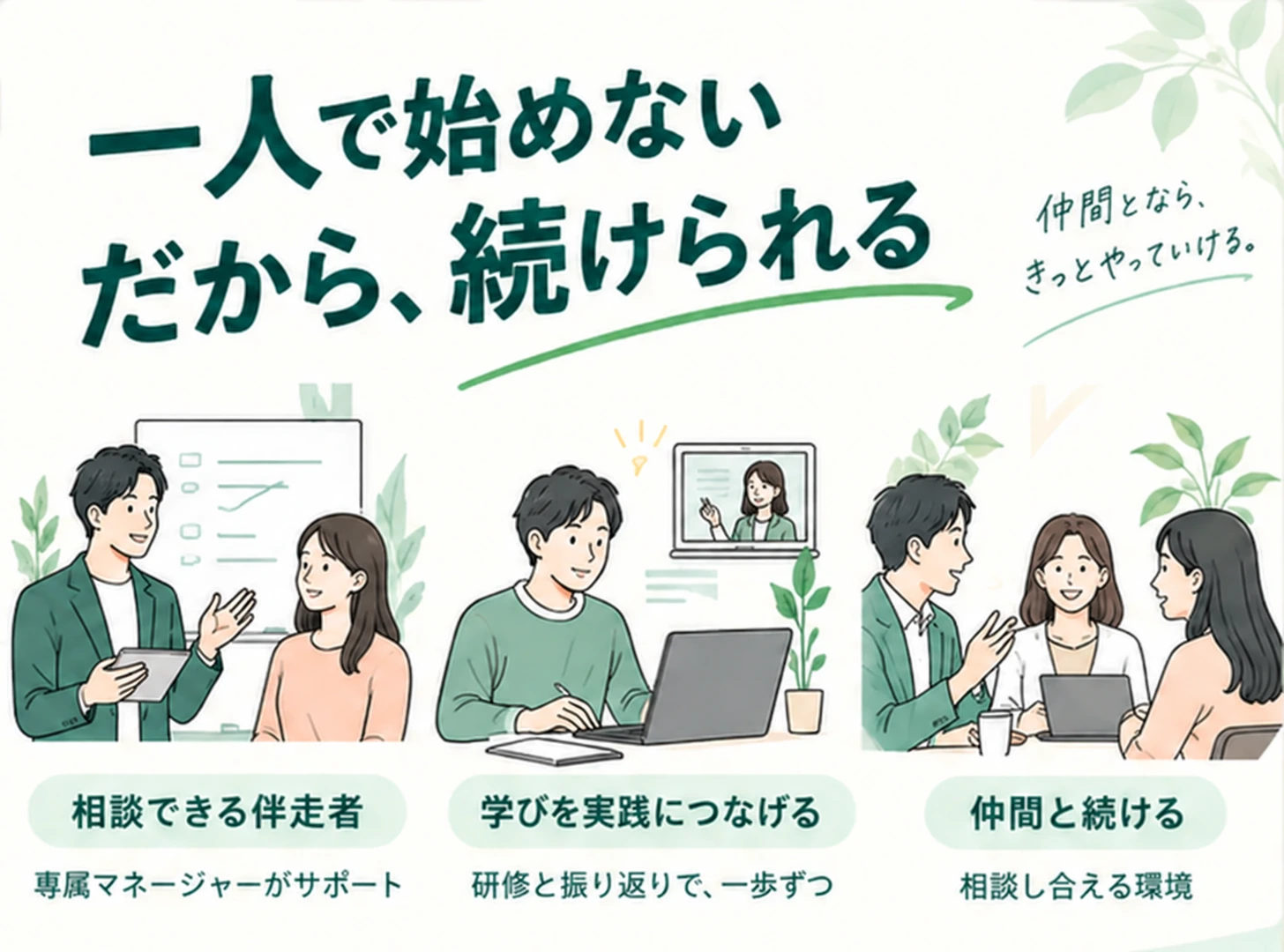 一人で始めない だから、続けられる 専属マネージャー、研修と振り返り、相談し合える仲間